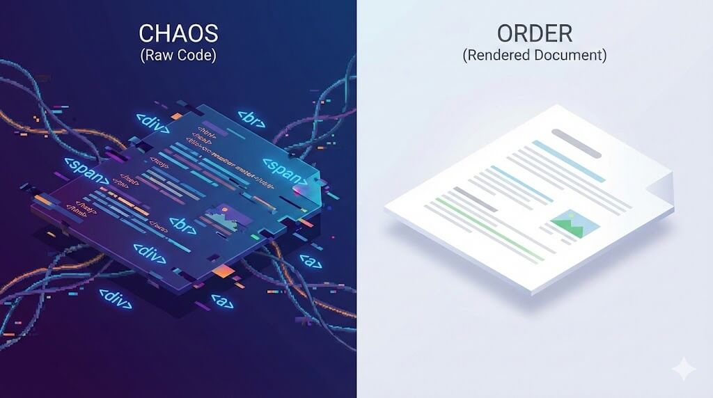 Comparison of messy rich text code versus clean plain text for AI detection safety.